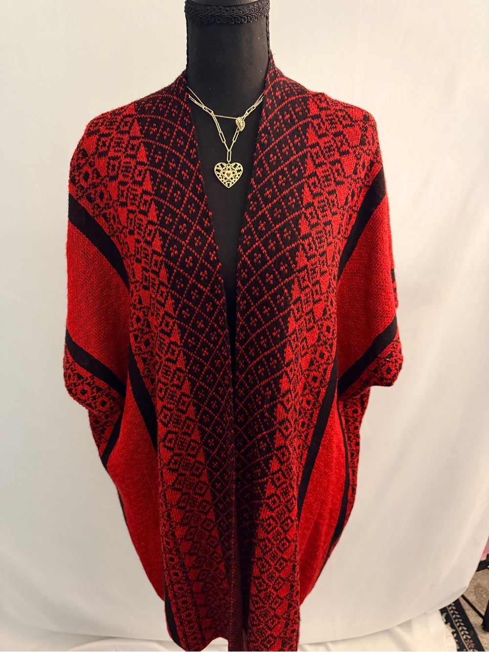 ONE WORLD Red and Black Open-Front Patterned Poncho Sweater